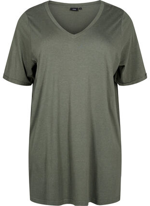 Ensfarget oversized T-skjorte med V-hals, Thyme, Packshot image number 0