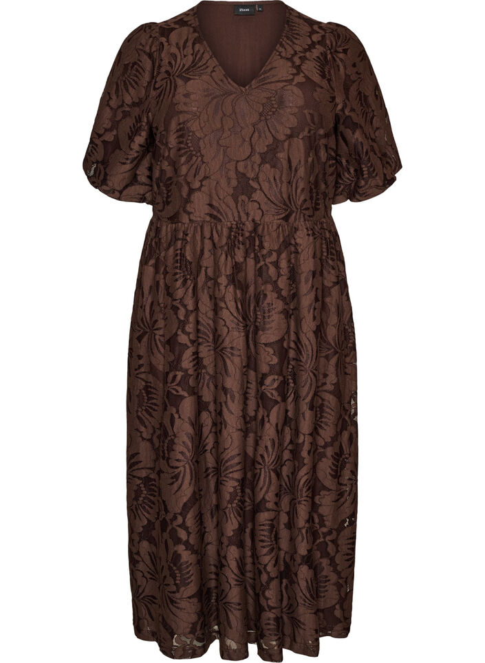 Midikjole i blomstret jacquard, Brun, Packshot image number 0