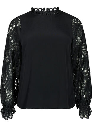 Zizzi Bluse i viskose med crochet ermer, Black, Packshot image number 0