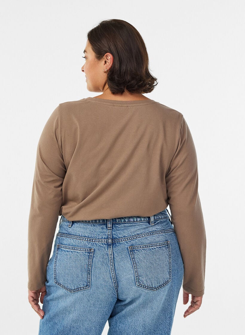 Basis jersey bluse med lange ermer, Brun, Model image number 2