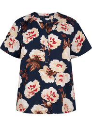 Bluse med korte ermer og V-hals, Navy B. Rose AOP