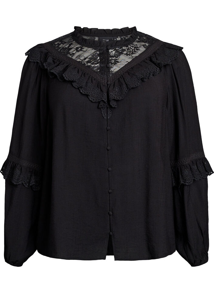 Viskose bluse med blonder og volanger, Black, Packshot