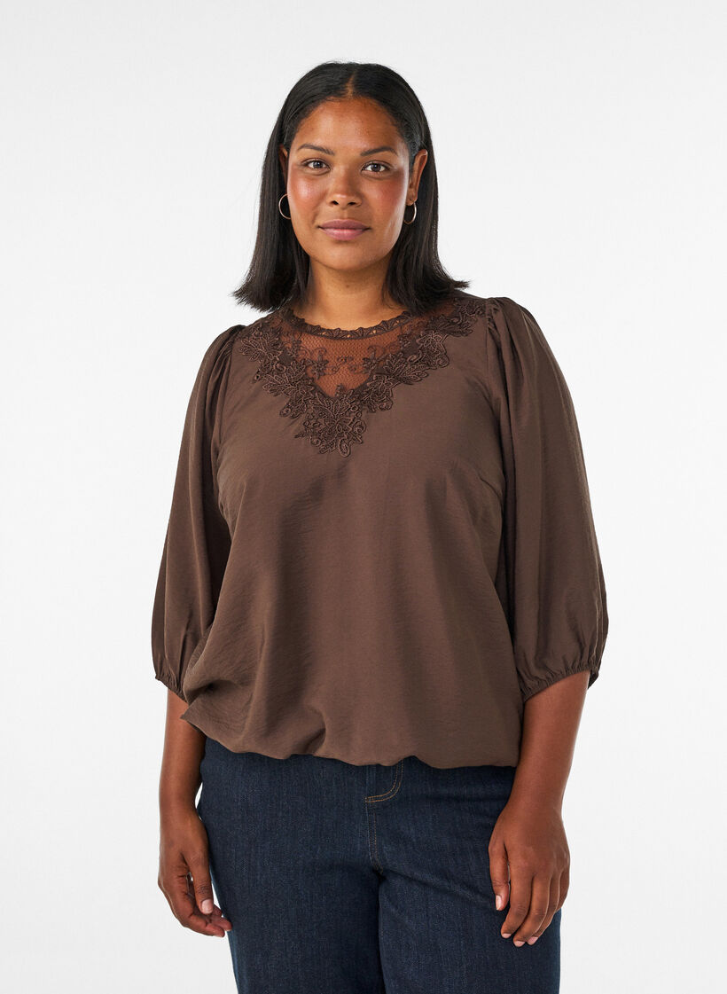 Bluse med 3/4 ermer og blondedetaljer, Brun, Model image number 0