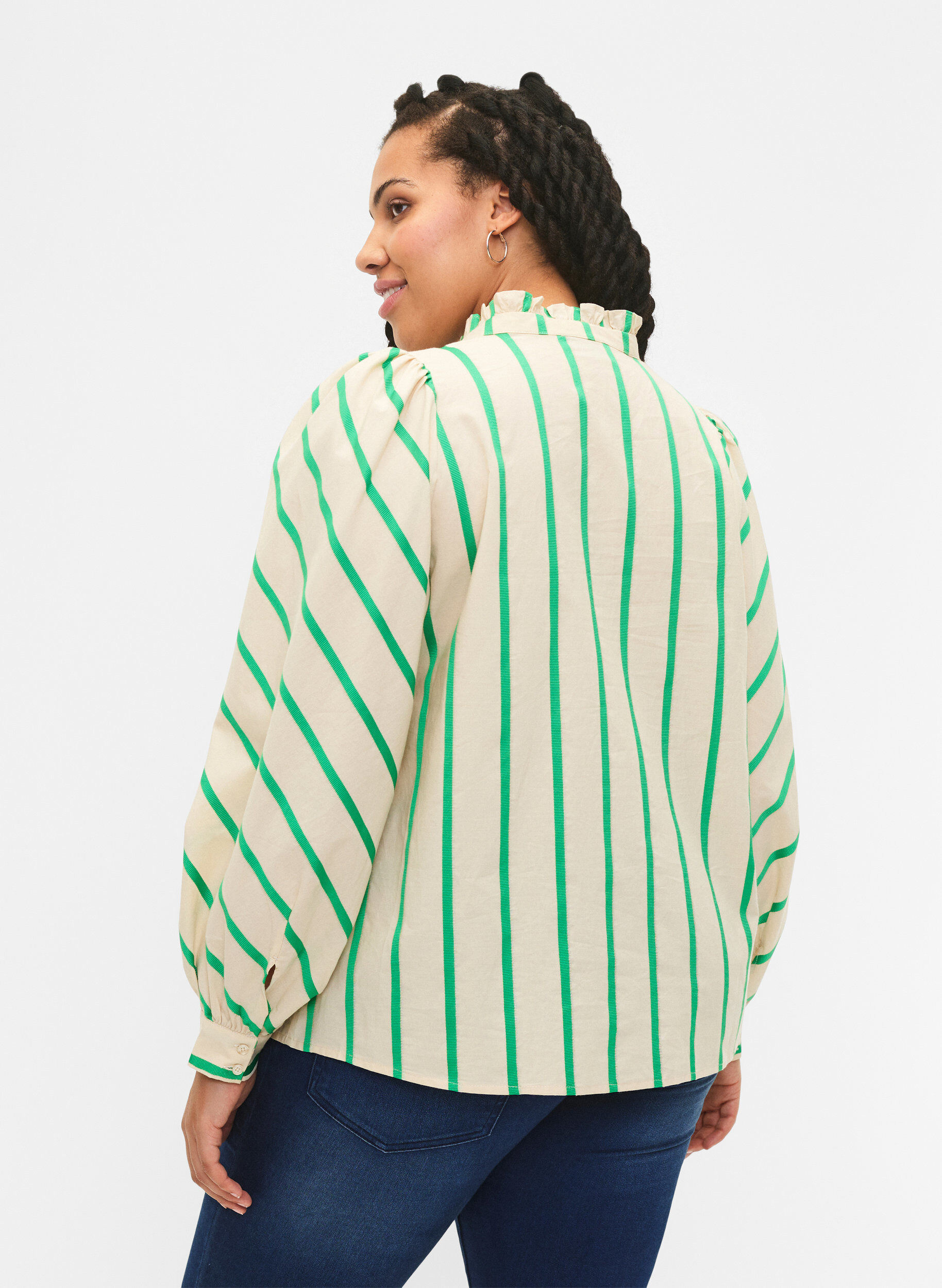 Zizzi Stripete skjortebluse i bomull med volangkrage, Beige Green Stripe, Model image number 1