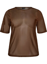 Mesh topp med korte ermer og rund hals, Brun