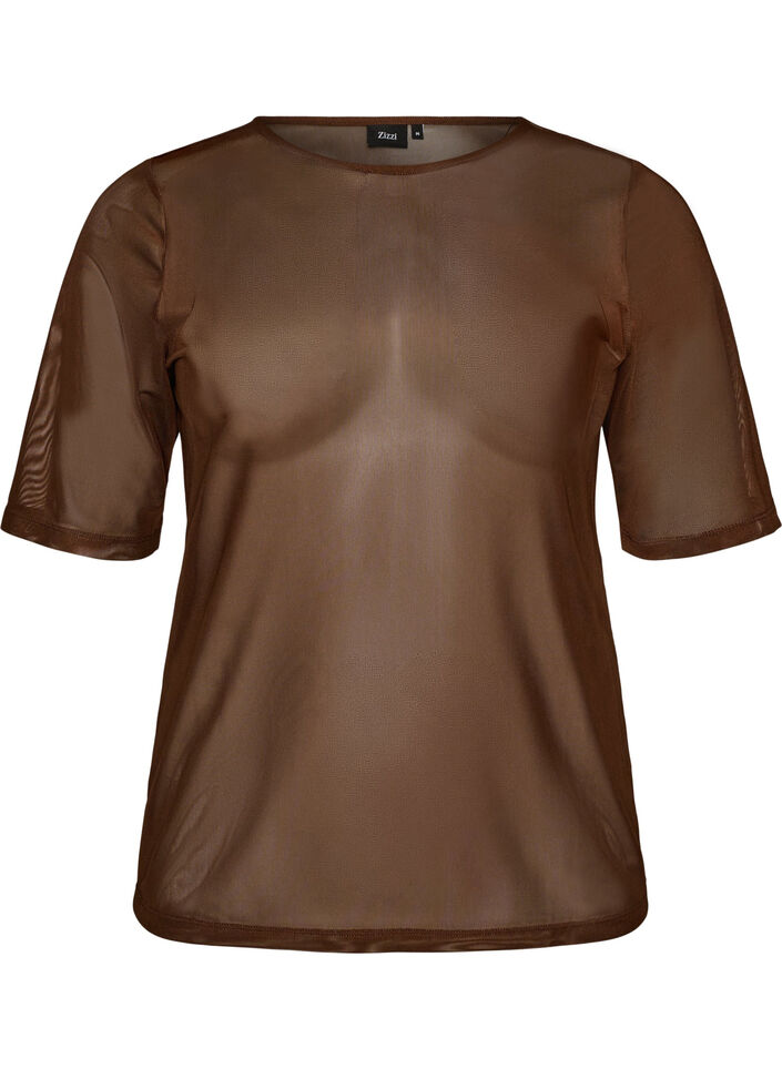 Mesh topp med korte ermer og rund hals, Brun, Packshot image number 0