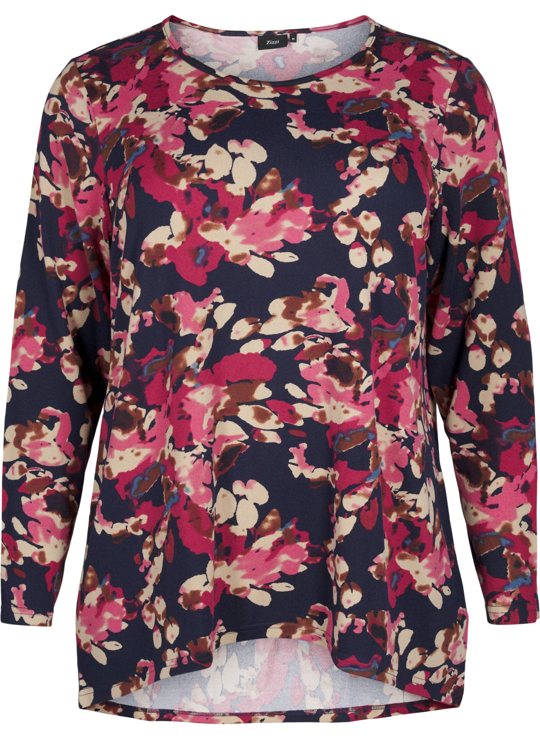 Zizzi Blomstret bluse med lange ermer, Bl&aring;, Packshot image number 0