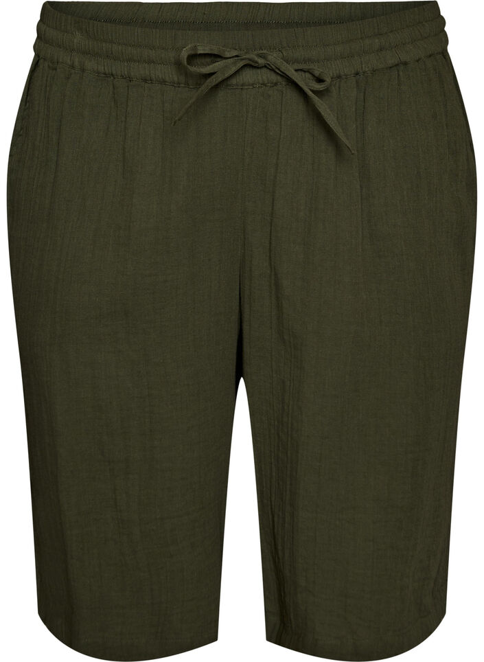 Loose fit bomullsmusselinshorts med h&oslash;y midje, Gr&oslash;nn, Packshot image number 0