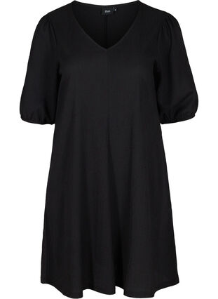 Kjole med puffermer og V-hals, Black, Packshot image number 0