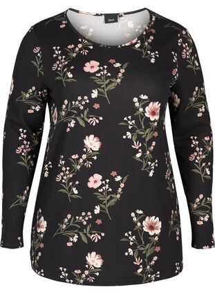 Langermet bluse med blomstermønster, black flower AOP, Packshot image number 0