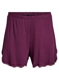 Løse nattshorts med ribbestruktur og blonderkant, Mørk Bordeaux Løse nattshorts med ribbestruktur og blonderkant