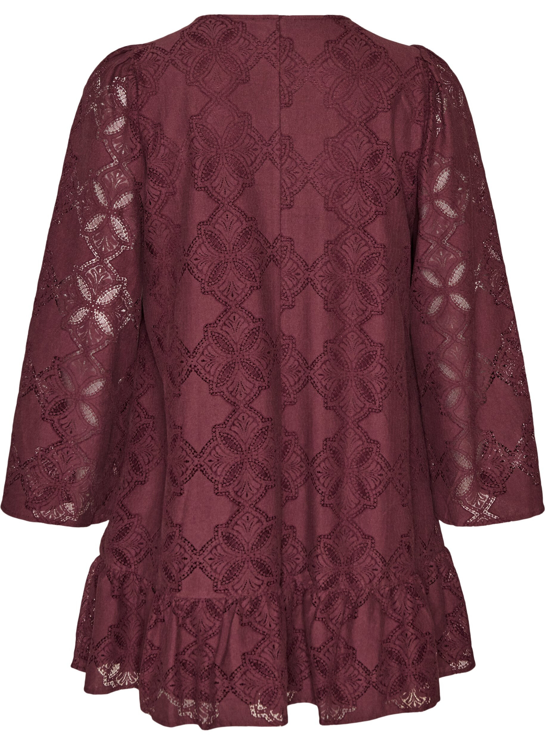 ZizziBlondekjole med lange ermer og rysjekant, M&oslash;rk Bordeaux, Packshot image number 1