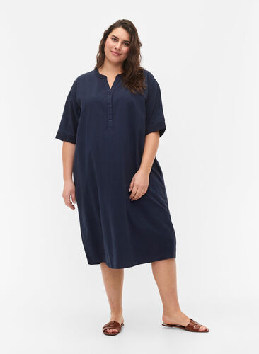 FLASH - Kortermet midikjole i bomull, Navy Blazer, Model image number 0