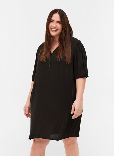 Viskosetunika med V-hals og knapper, Black, Model image number 0