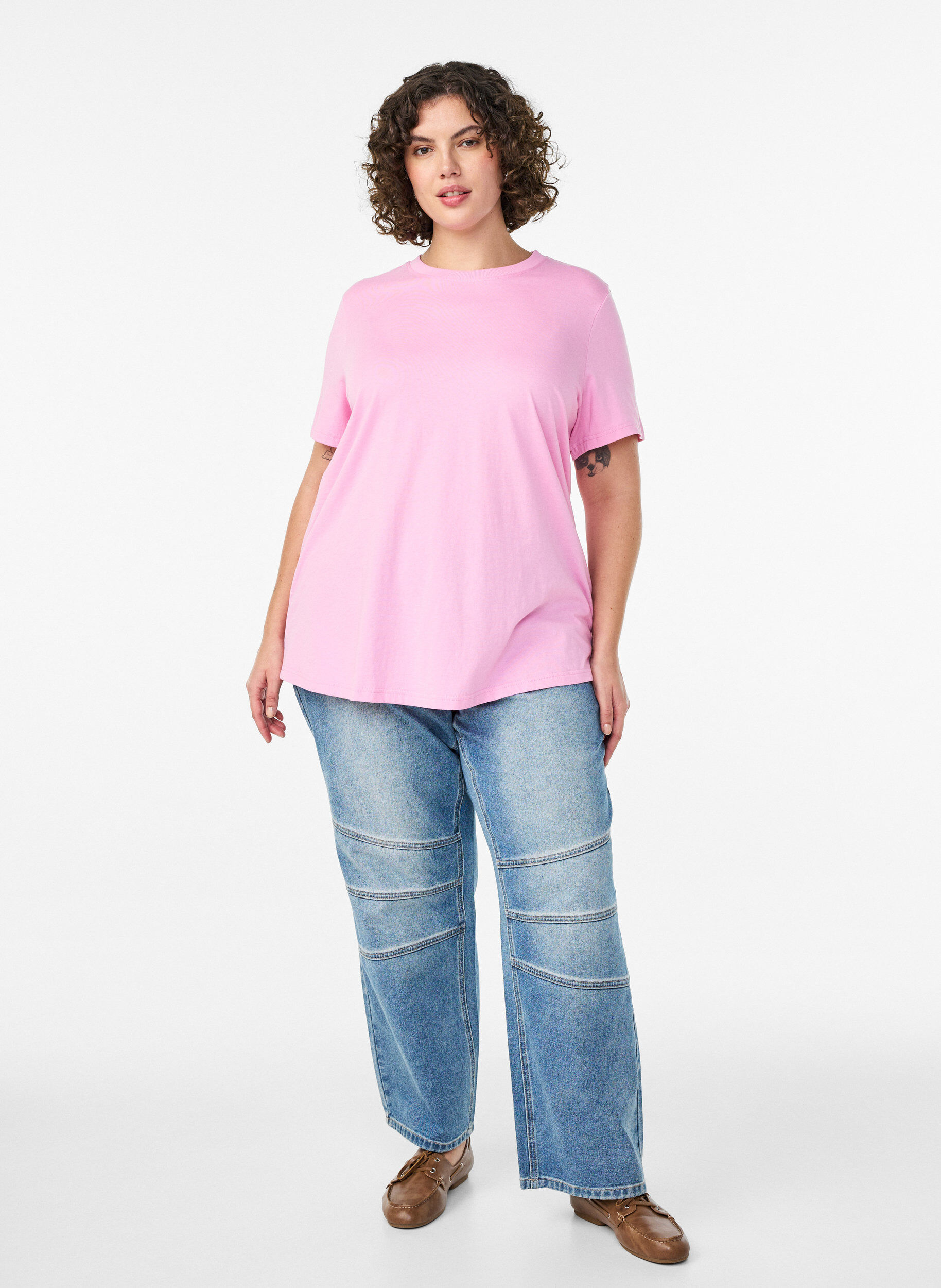 ZizziBasic T-skjorte i bomull med rund hals, Rosa, Model image number 1