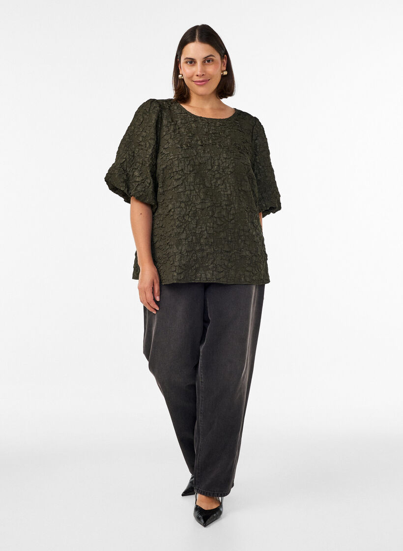 Jacquard bluse med puffermer og A-linjeform, Gr&oslash;nn, Model image number 1