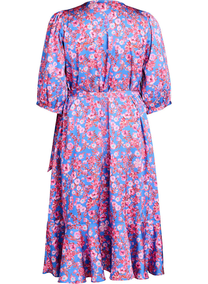 Blomstret omslagskjole med 3/4 ermer, Blue Pink Flower, Packshot