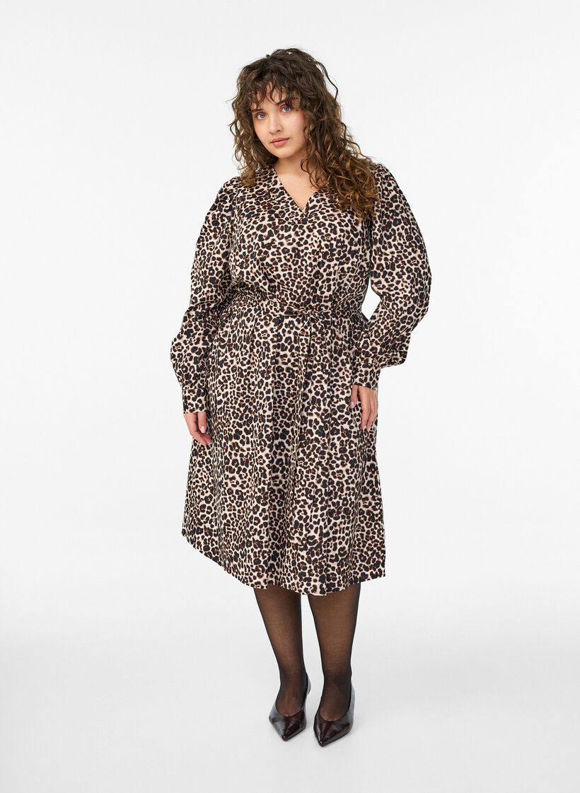 Kjole i økologisk bomull med knytebelte, Brun, Model image number 0