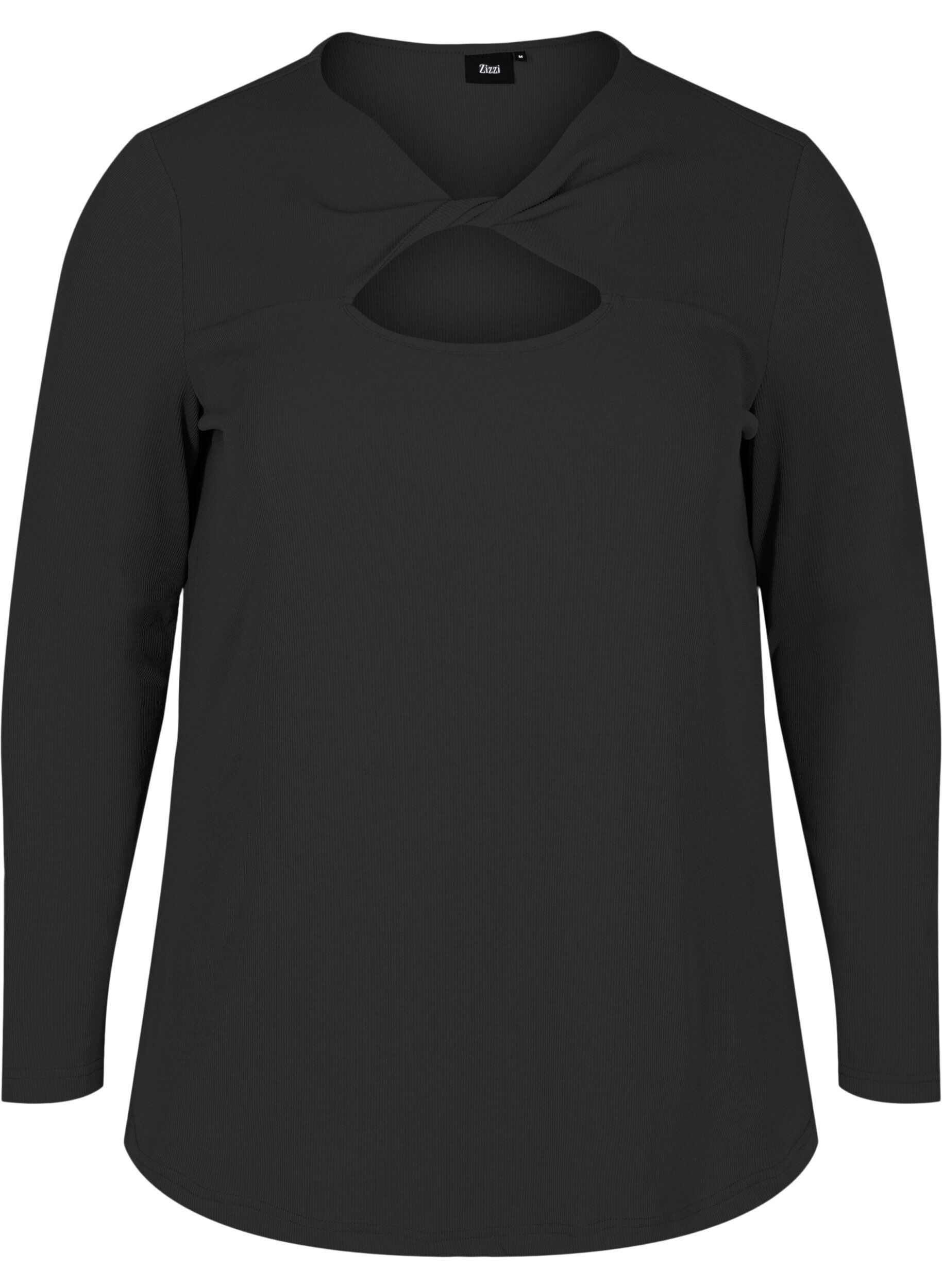 Zizzi Bluse med detalj p&aring; brystet og lange ermer, Black, Packshot image number 0