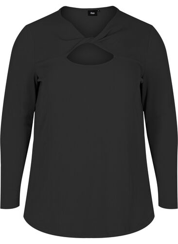 Bluse med detalj på brystet og lange ermer, Black, Packshot image number 0