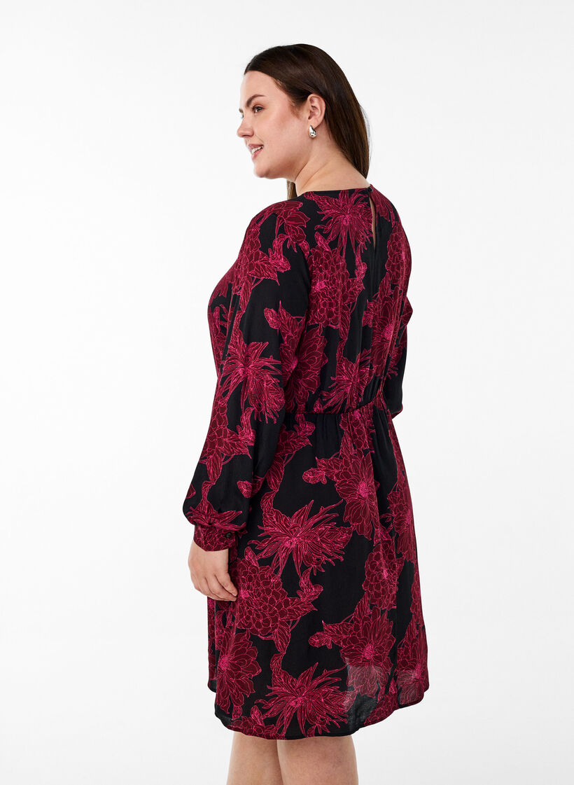 Viskosekjole med trykk og lange ermer, Tawny Port Flower, Model