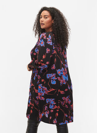 Blomstrete viskosekjole med V-hals, Blue Orange AOP, Model image number 1