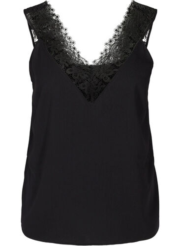 Topp med V-hals og blonder, Black, Packshot image number 0