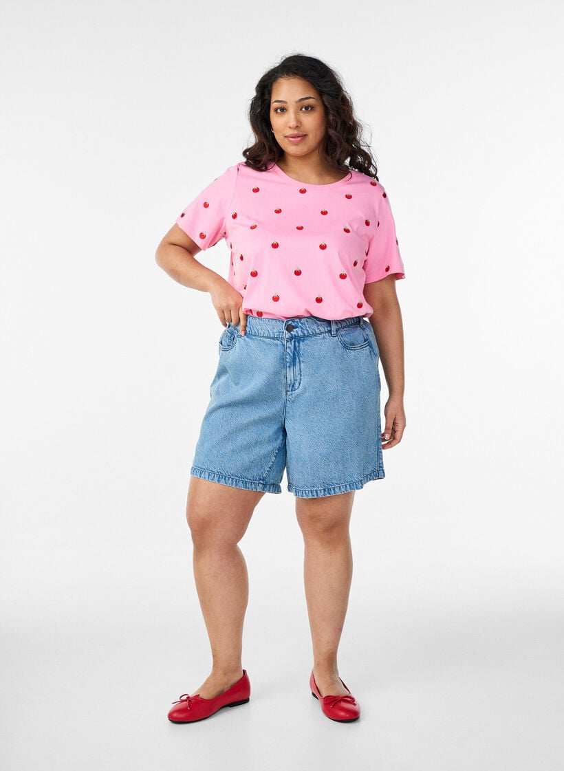 T-skjorte i &oslash;kologisk bomull med broderte motiv, Rosa, Model image number 1