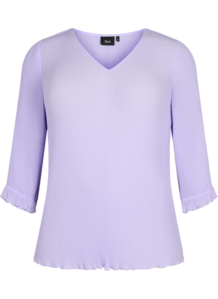 Bluse med plissé og 3/4-ermer, Lavender, Packshot image number 0