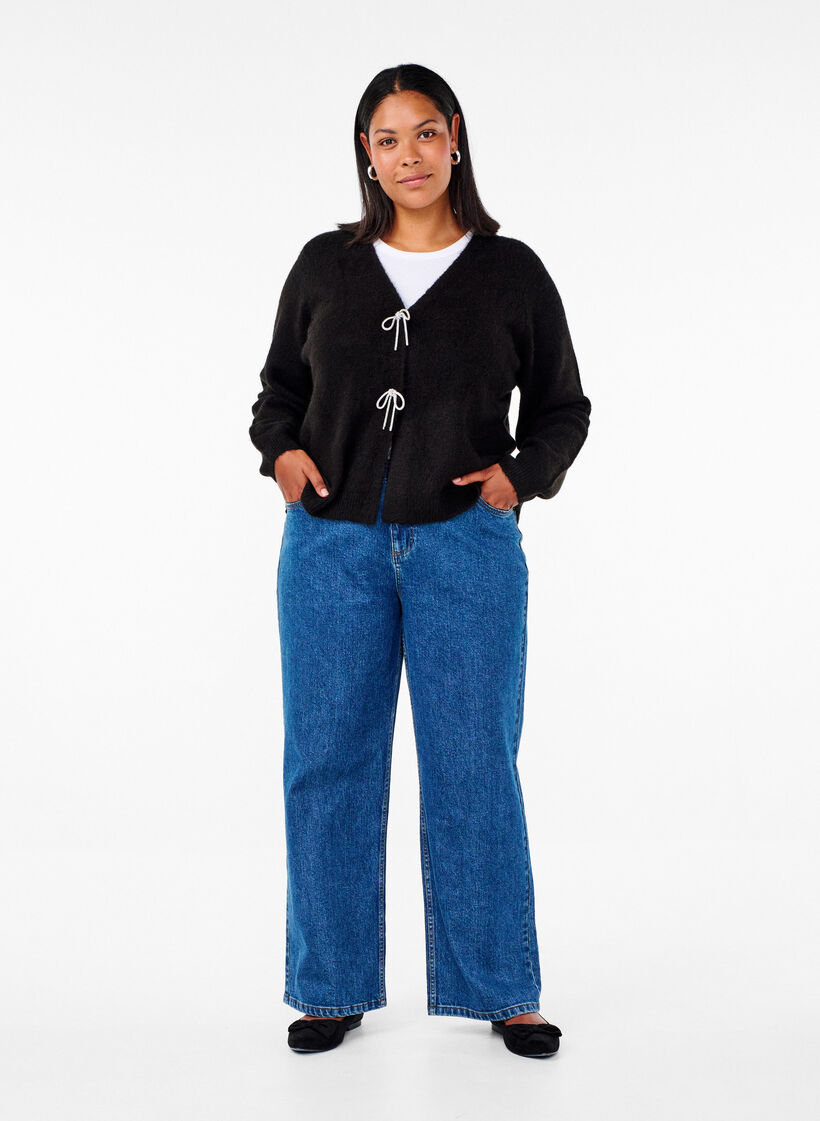 Strikket cardigan med sølvfarget sløyfe, Black, Model image number 3