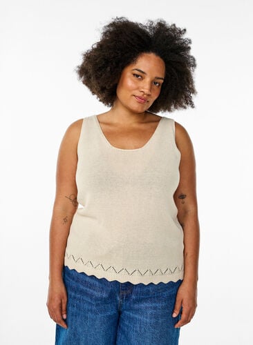 Zizzi Ermeløs strikket topp med bølgekant, Sandshell, Model image number 0