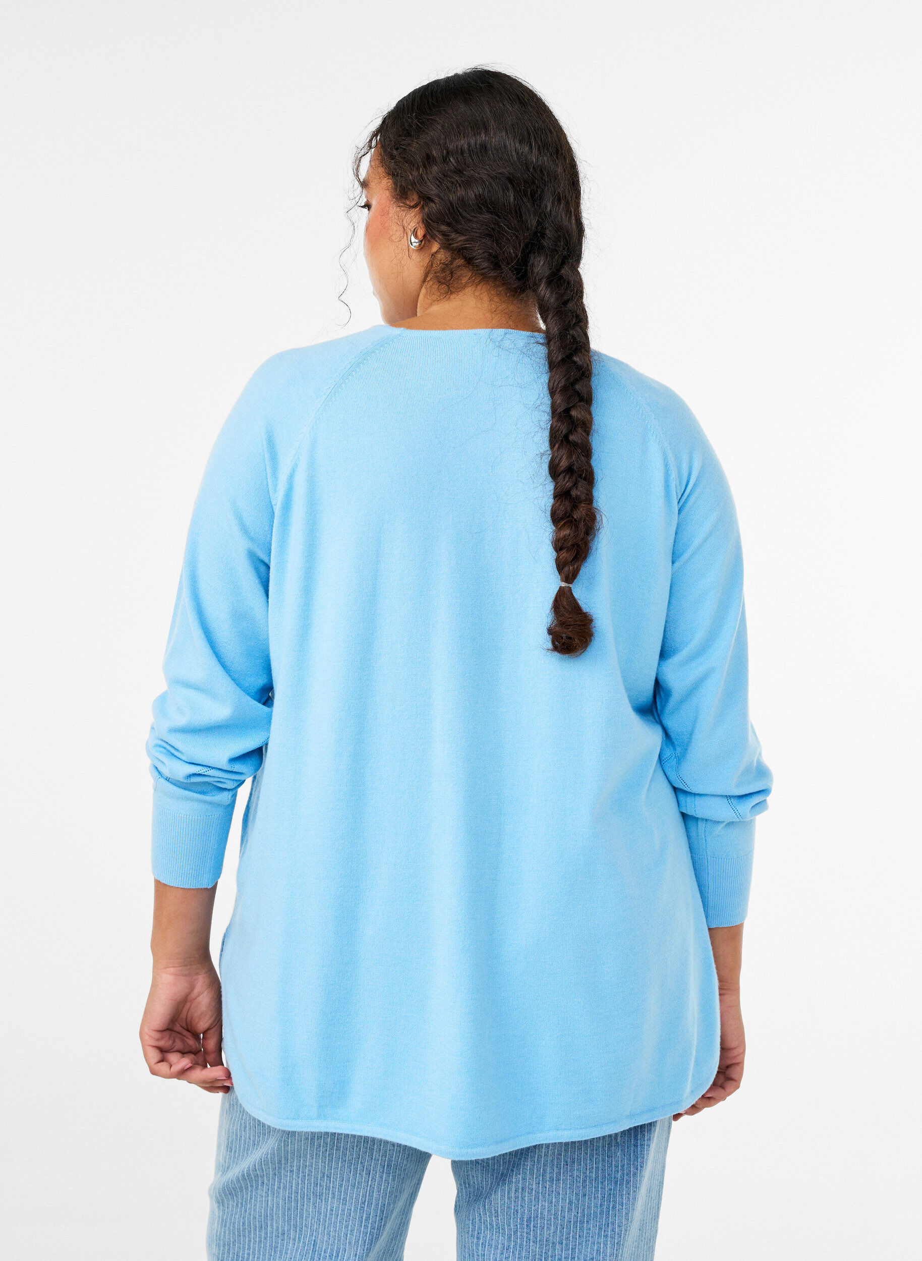ZizziStrikkebluse med rund hals og strikket m&oslash;nster, Bl&aring;, Model image number 2