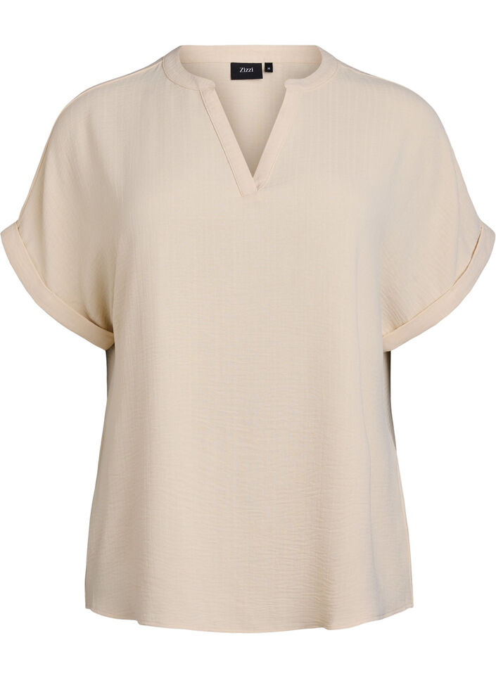 L&oslash;s bluse med korte ermer, Beige, Packshot image number 0