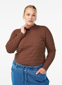 Stripet ribbet jerseybluse med høy hals, Brun Stripet ribbet jerseybluse med høy hals, Brun, Model