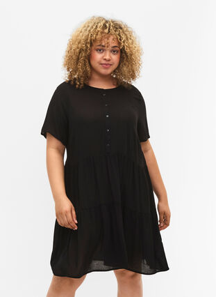Kortermet viskosekjole med A-form, Black, Model image number 0