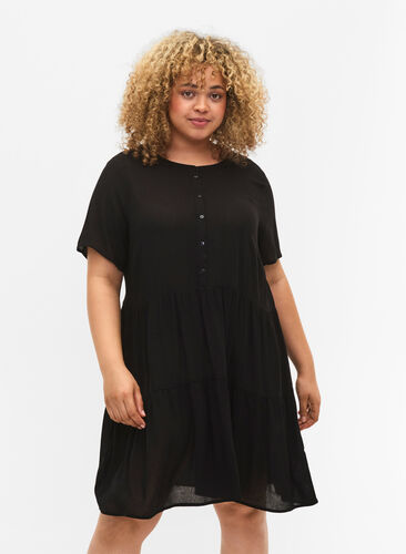 Kortermet viskosekjole med A-form, Black, Model image number 0