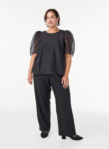 Zizzi Festbluse i organza-uttrykk med prikker, Svart, Model image number 1