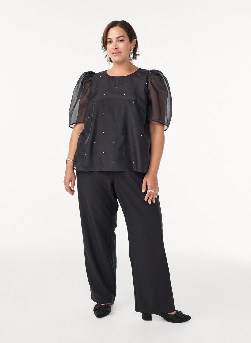 Festbluse i organza-uttrykk med prikker, Svart, Model image number 1