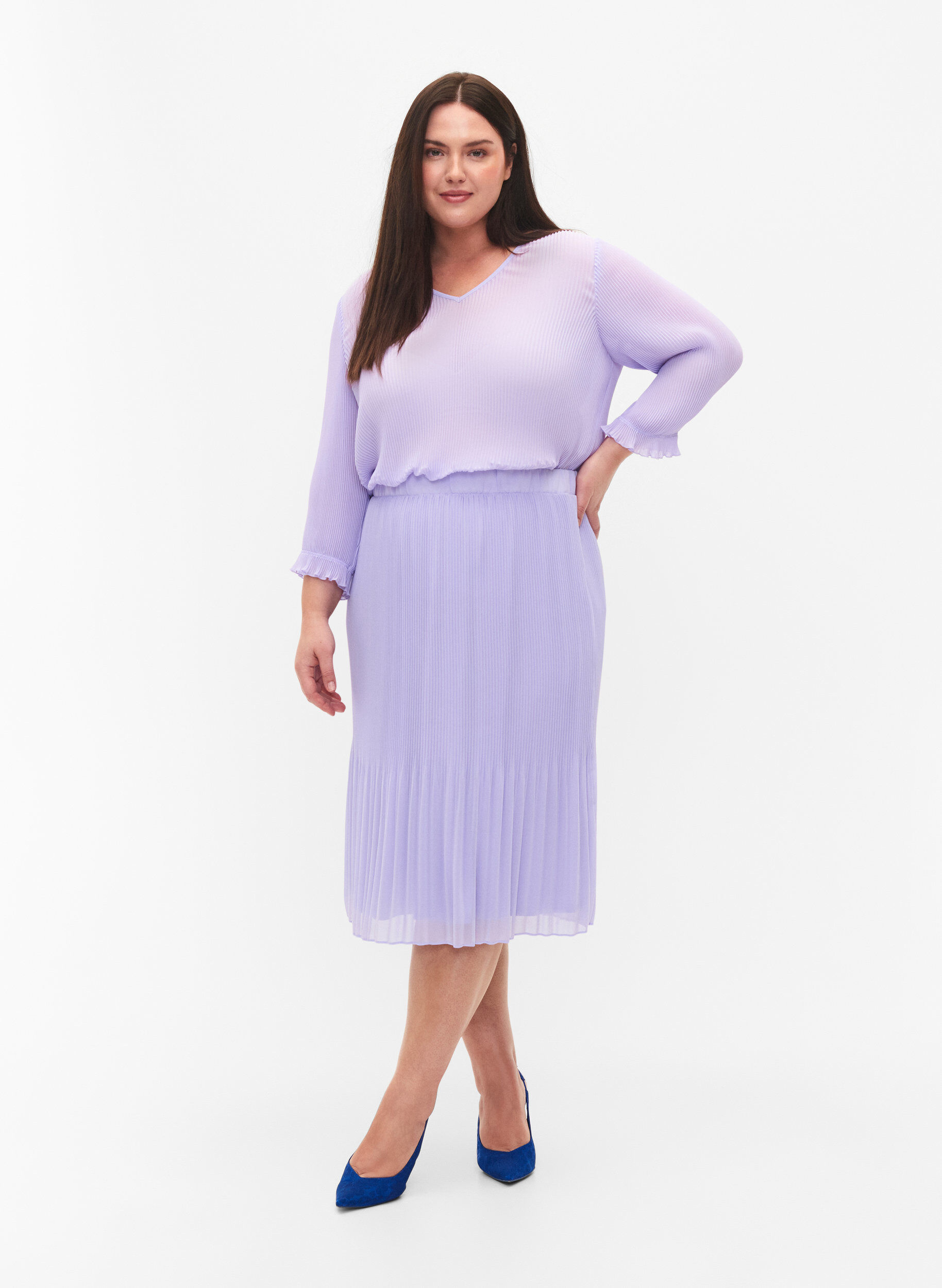 Zizzi Bluse med pliss&eacute; og 3/4-ermer, Lavender, Model image number 2