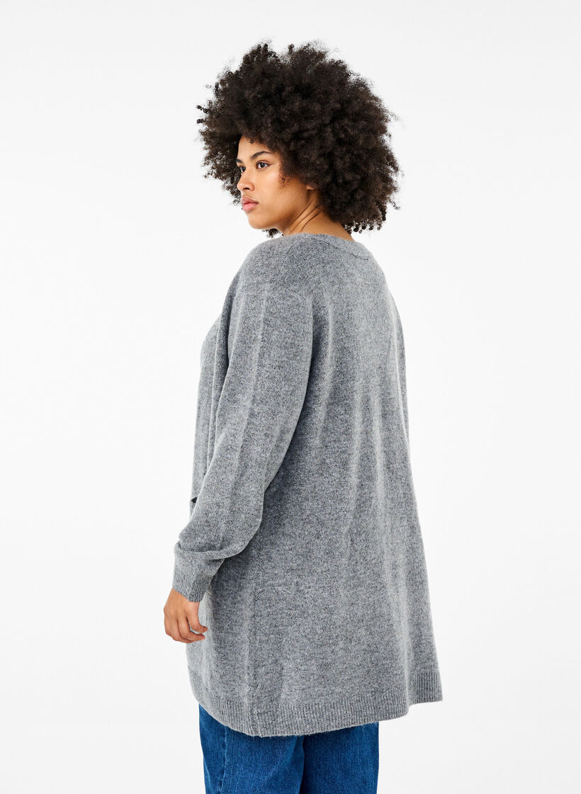 Lang strikket cardigan med lommer, Grå, Model image number 2