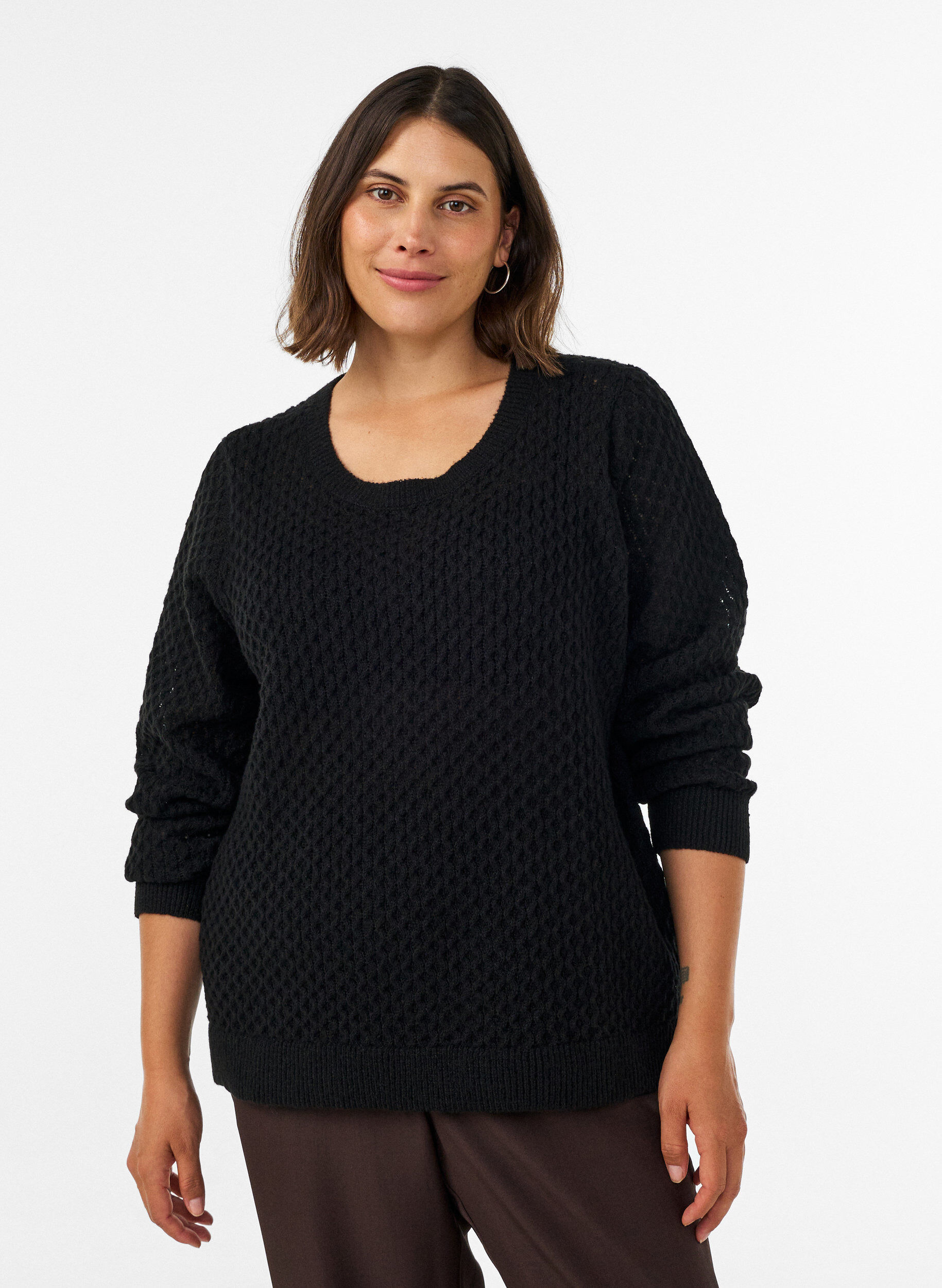Strikkebluse med strukturert hullm&oslash;nster, Svart, Model