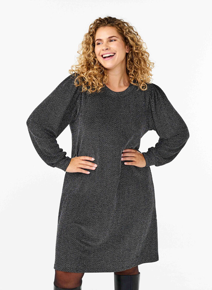 Kjole med sikksakkmønster og glitter, Silver ZigZagShimmer, Model image number 0