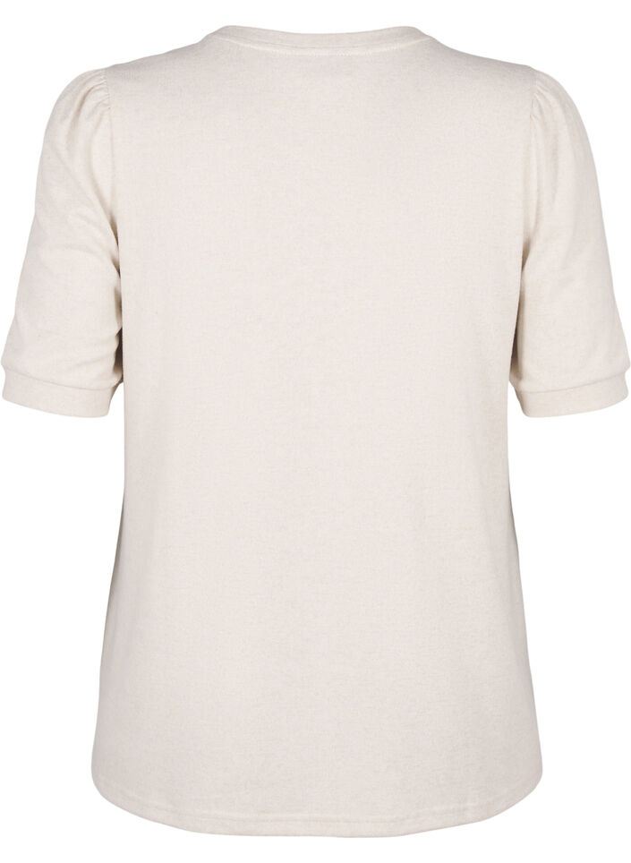 Bluse med knappedetaljer og korte puffermer, Beige, Packshot image number 1