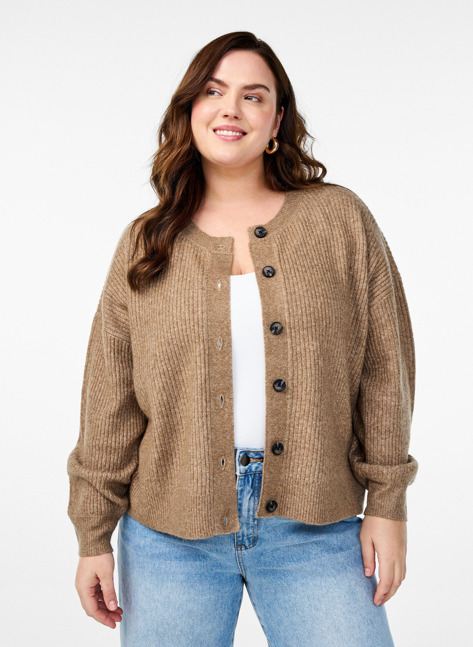 Ribbestrikket cardigan med knapper, Brun, Model