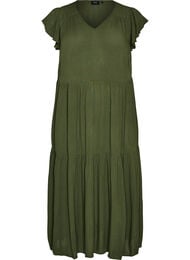 Midikjole i viskose med volangermer, Gr&oslash;nn
