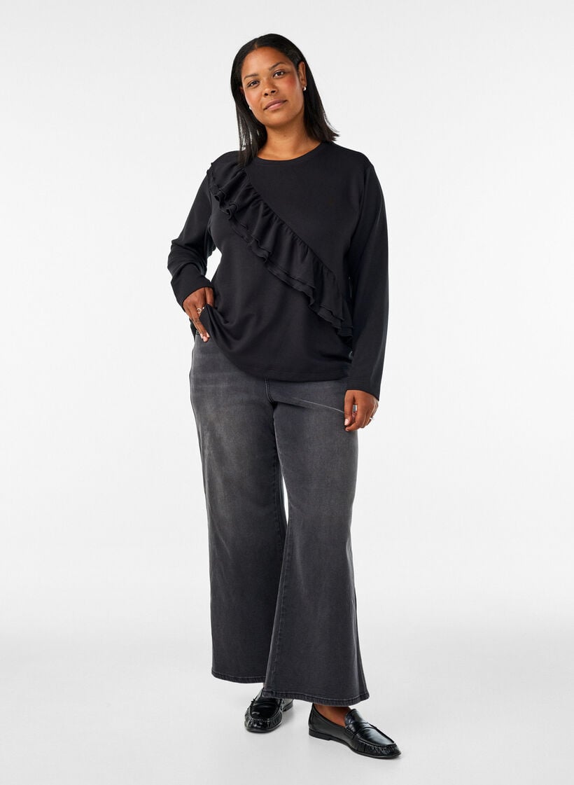 Jersey bluse med diagonal rysjedetalj, Svart, Model image number 1