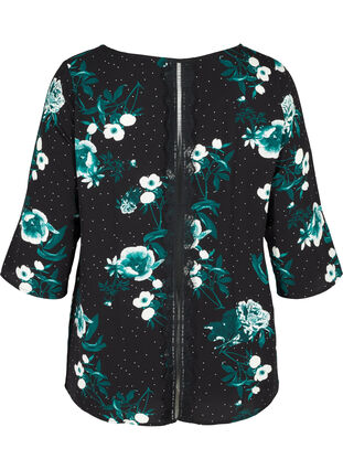 Mønstrete bluse med blonderygg og 3/4-ermer, Black/Flower Dot, Packshot image number 1