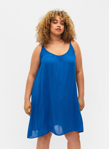 Ensfarget kjole i viskose med stropper, Victoria blue, Model image number 0