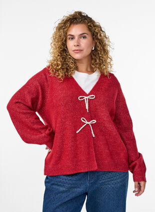 Zizzi Strikkekardigan med perleknapper, Karanda Red Melange, Model image number 0