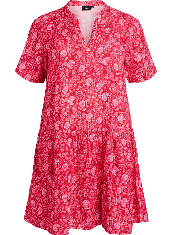 Kort A-linjekjole i bomullsmuslin, R&oslash;d, Packshot image number 0
